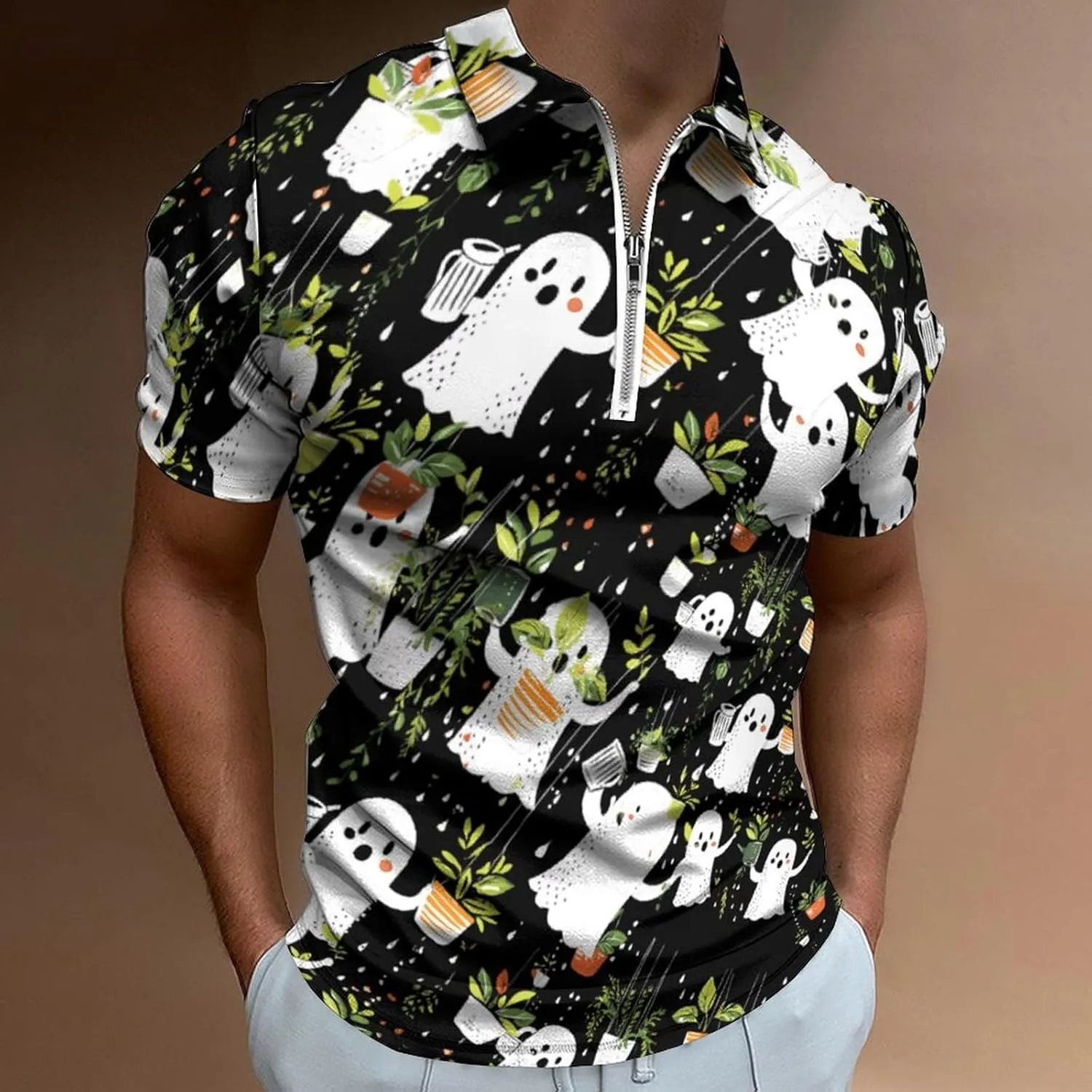 Plant Trendy Polo Shirts for Men Short Sleeve Lapel Collar Zipper T-Shirts Outdoor Sports