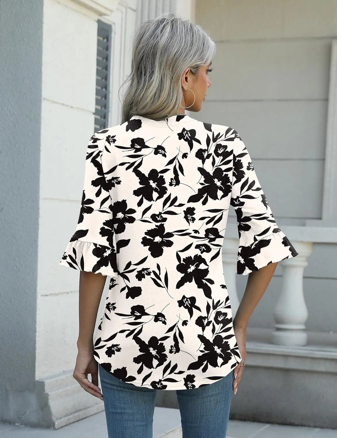 Rapbin Womens 3/4 Length Sleeve Blouses Ruffle Cuffs V Neck Button Down Shirts Dressy Flowy Tunic Tops