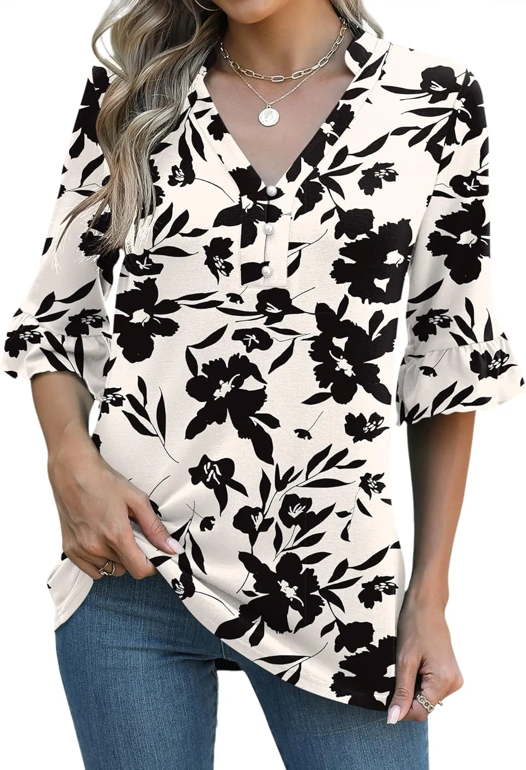 Rapbin Womens 3/4 Length Sleeve Blouses Ruffle Cuffs V Neck Button Down Shirts Dressy Flowy Tunic Tops