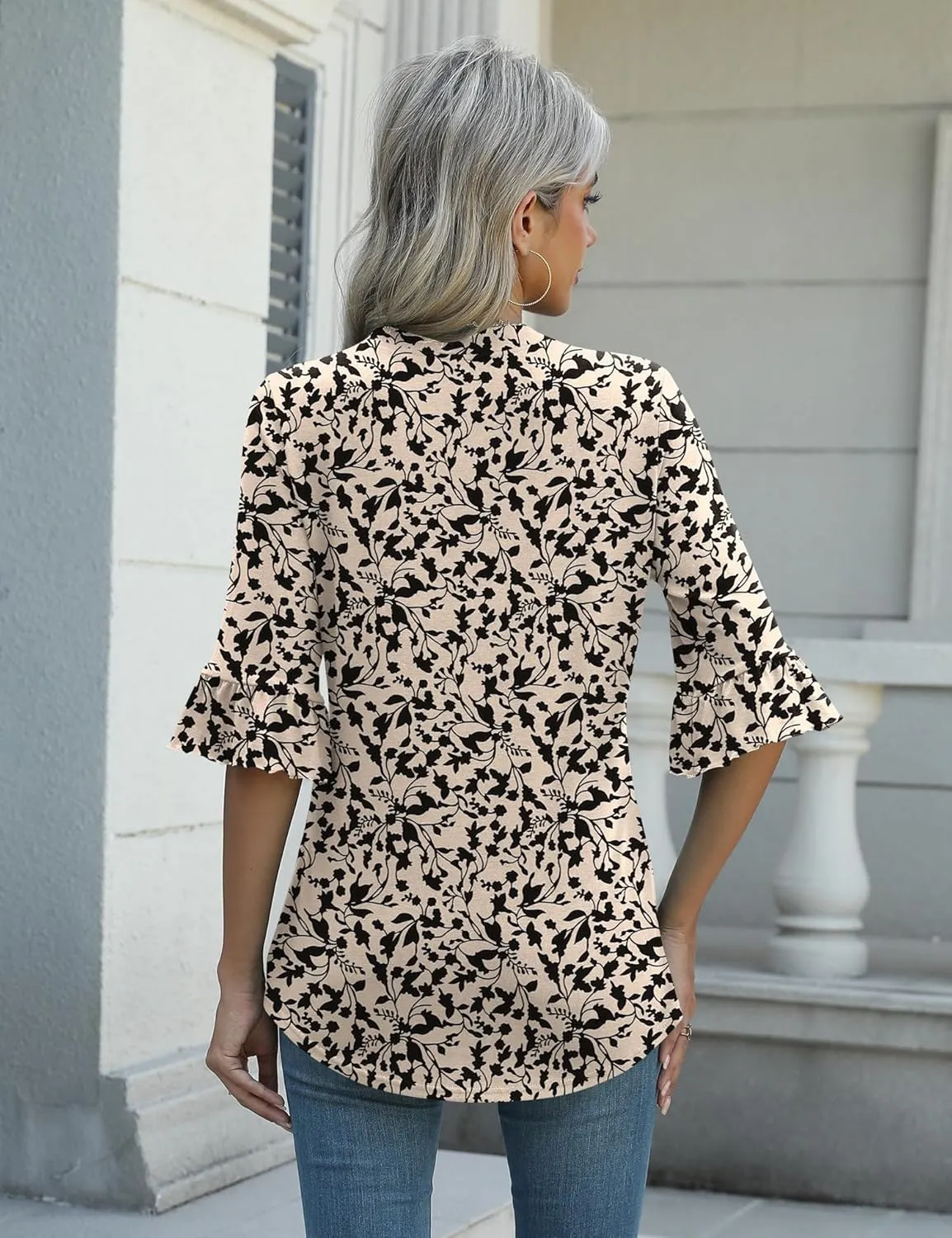 Rapbin Womens 3/4 Length Sleeve Blouses Ruffle Cuffs V Neck Button Down Shirts Dressy Flowy Tunic Tops