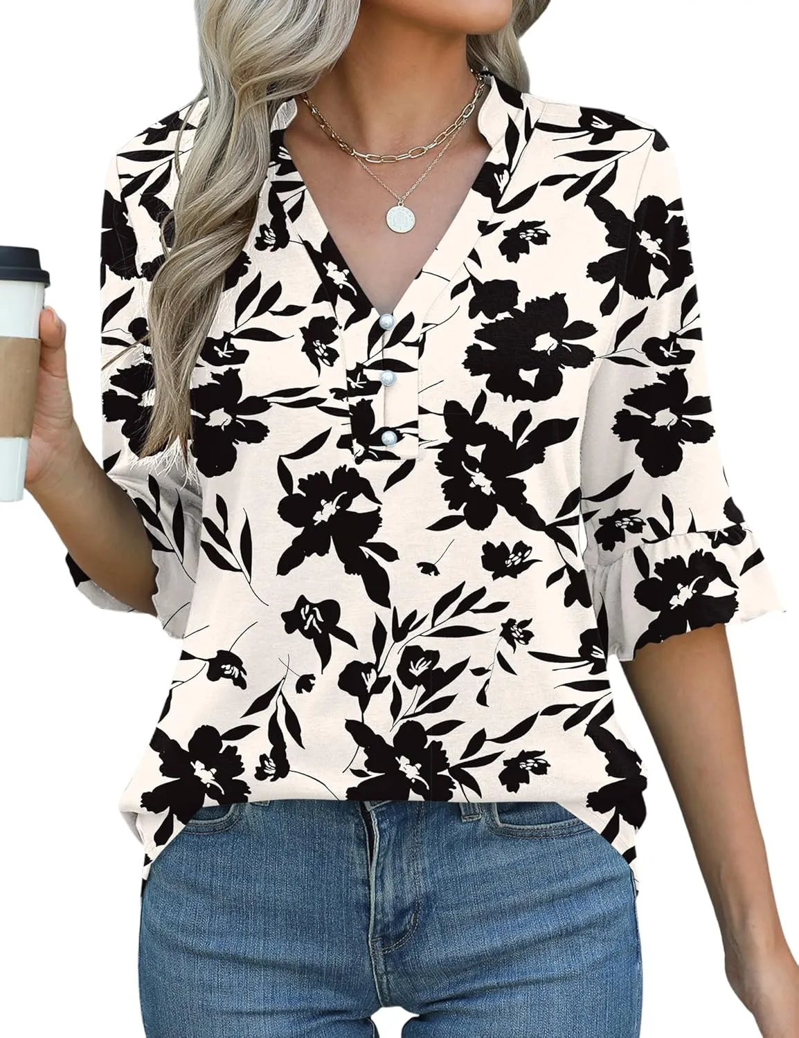 Rapbin Womens 3/4 Length Sleeve Blouses Ruffle Cuffs V Neck Button Down Shirts Dressy Flowy Tunic Tops