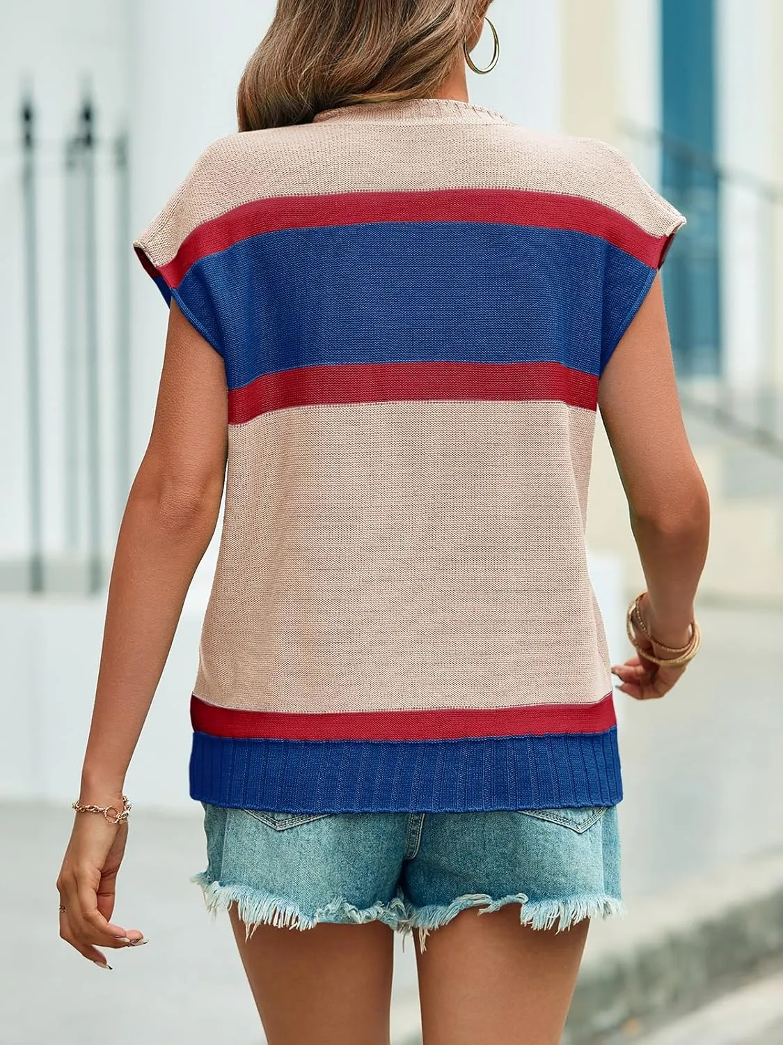 Saodimallsu Womens Cap Sleeve Sweater Vest Top Summer Color Block Loose Knit Going Out Shirts