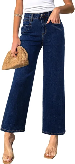 Sidefeel Women's Wide Leg Jeans High Waisted Stretchy Jeans Straight Leg Zimbaplatinum Ankle Denim Pants with Slant Pockets