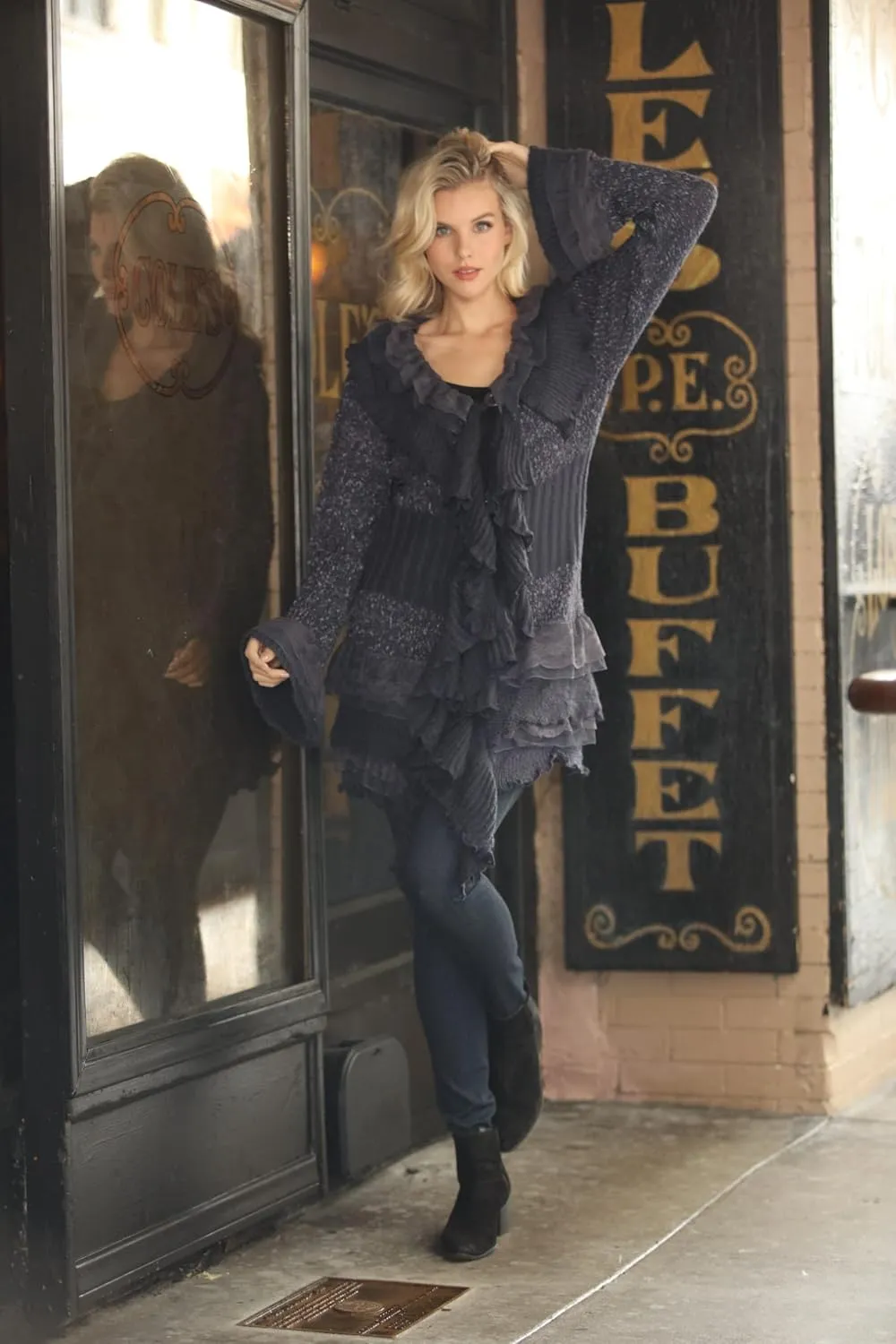 SIMPLY COUTURE Women's Winter Casual Open Front Pom Pom Long Sleeve Crochet Knit Cardigan Sweater