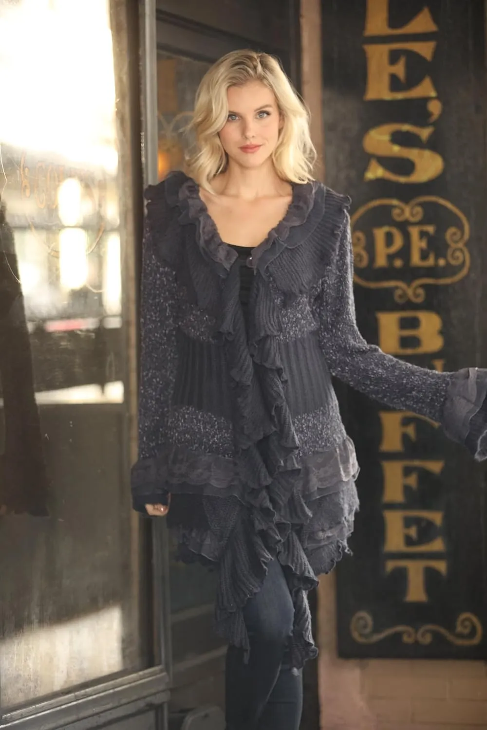 SIMPLY COUTURE Women's Winter Casual Open Front Pom Pom Long Sleeve Crochet Knit Cardigan Sweater