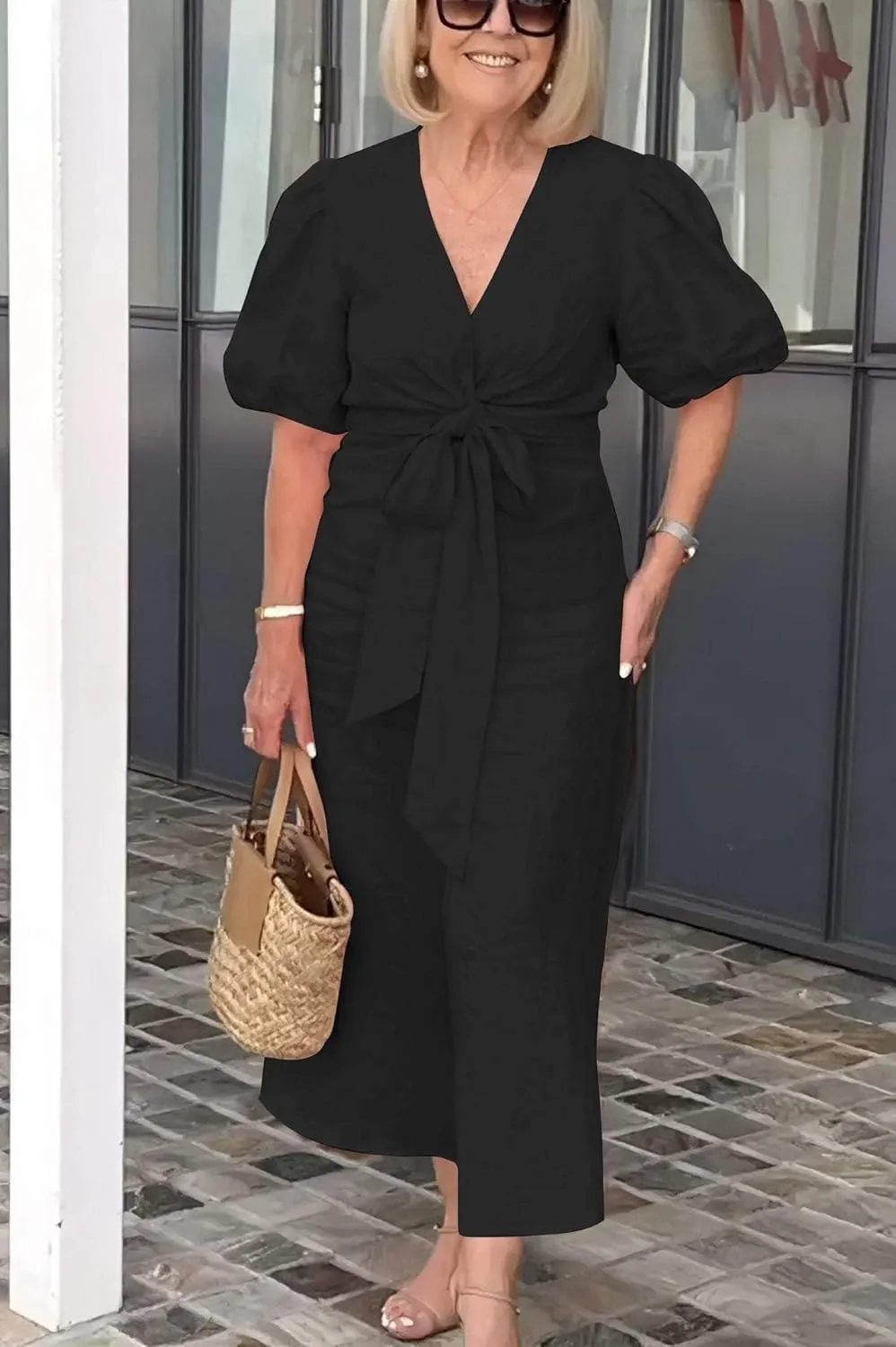 utcoco Women's 2025 Summer Casual Wrap V Neck Maxi Dress Puff Sleeve Bow Tie Front A Line Flowy Long Dress