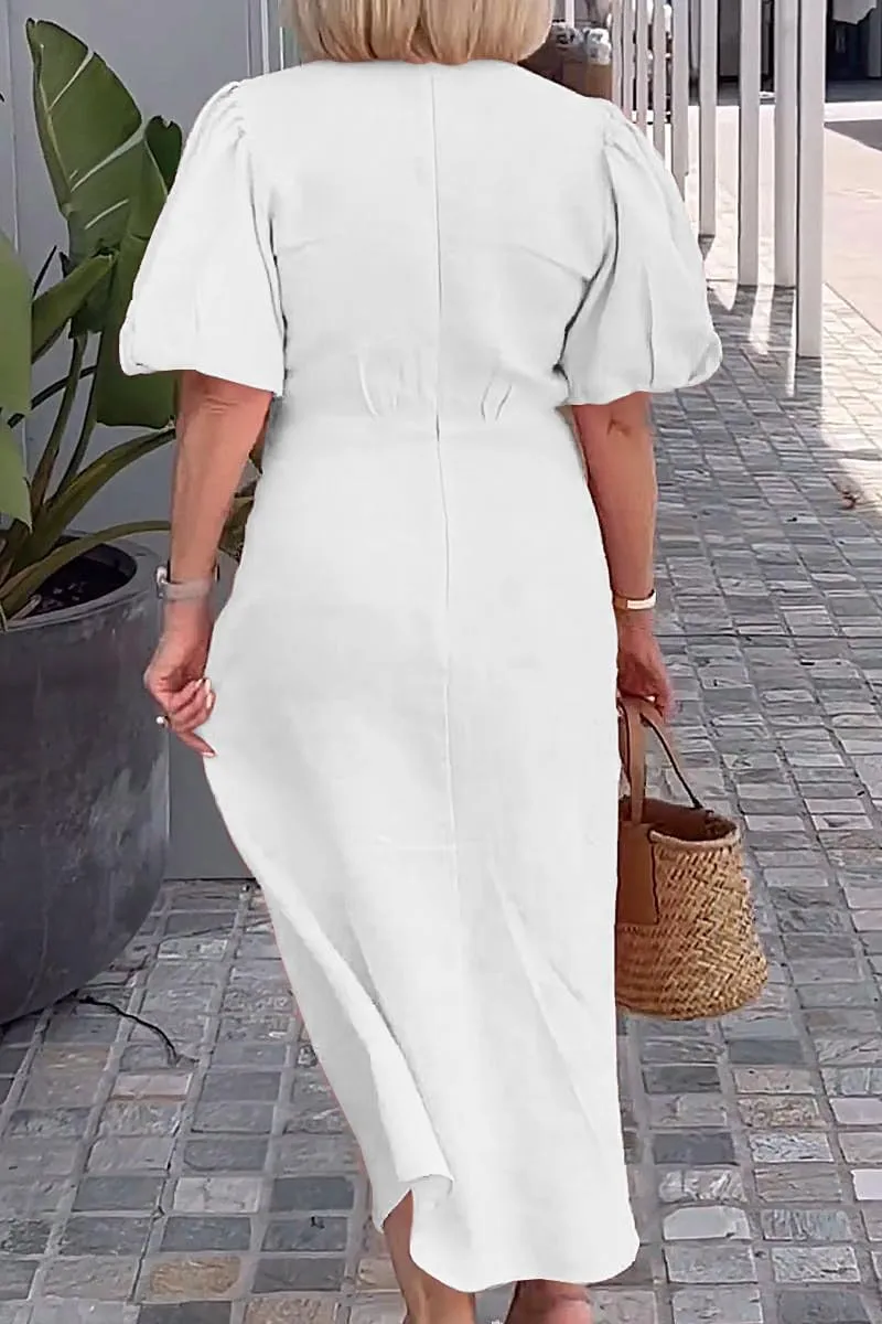 utcoco Women's 2025 Summer Casual Wrap V Neck Maxi Dress Puff Sleeve Bow Tie Front A Line Flowy Long Dress