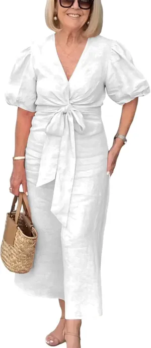 utcoco Women's 2025 Summer Casual Wrap V Neck Maxi Dress Puff Sleeve Bow Tie Front A Line Flowy Long Dress