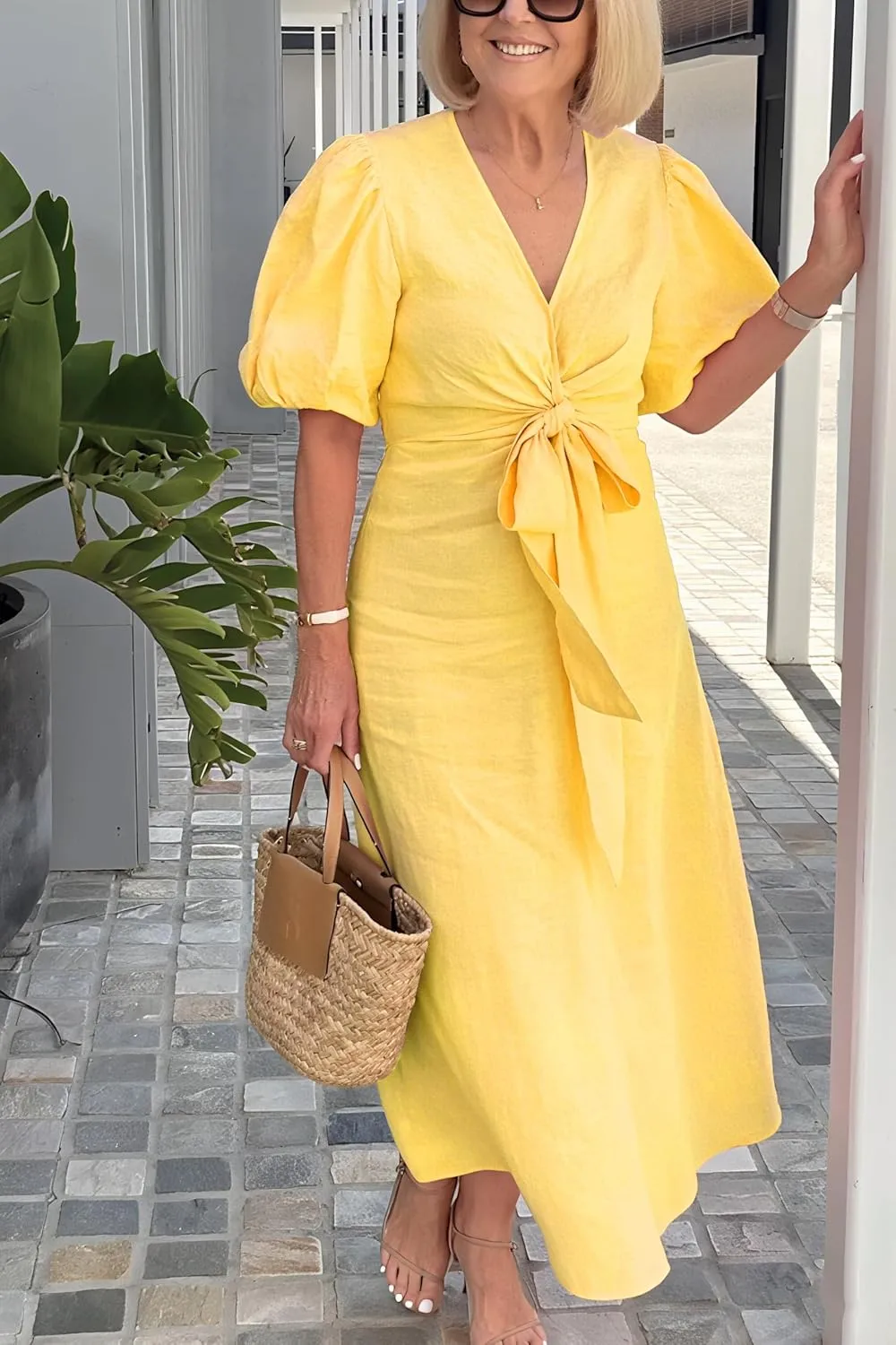 utcoco Women's 2025 Summer Casual Wrap V Neck Maxi Dress Puff Sleeve Bow Tie Front A Line Flowy Long Dress