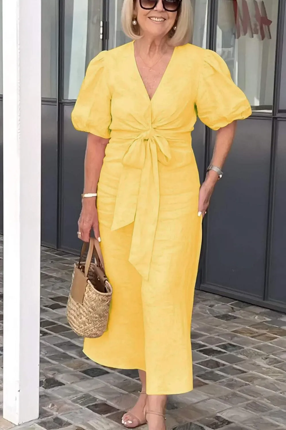 utcoco Women's 2025 Summer Casual Wrap V Neck Maxi Dress Puff Sleeve Bow Tie Front A Line Flowy Long Dress