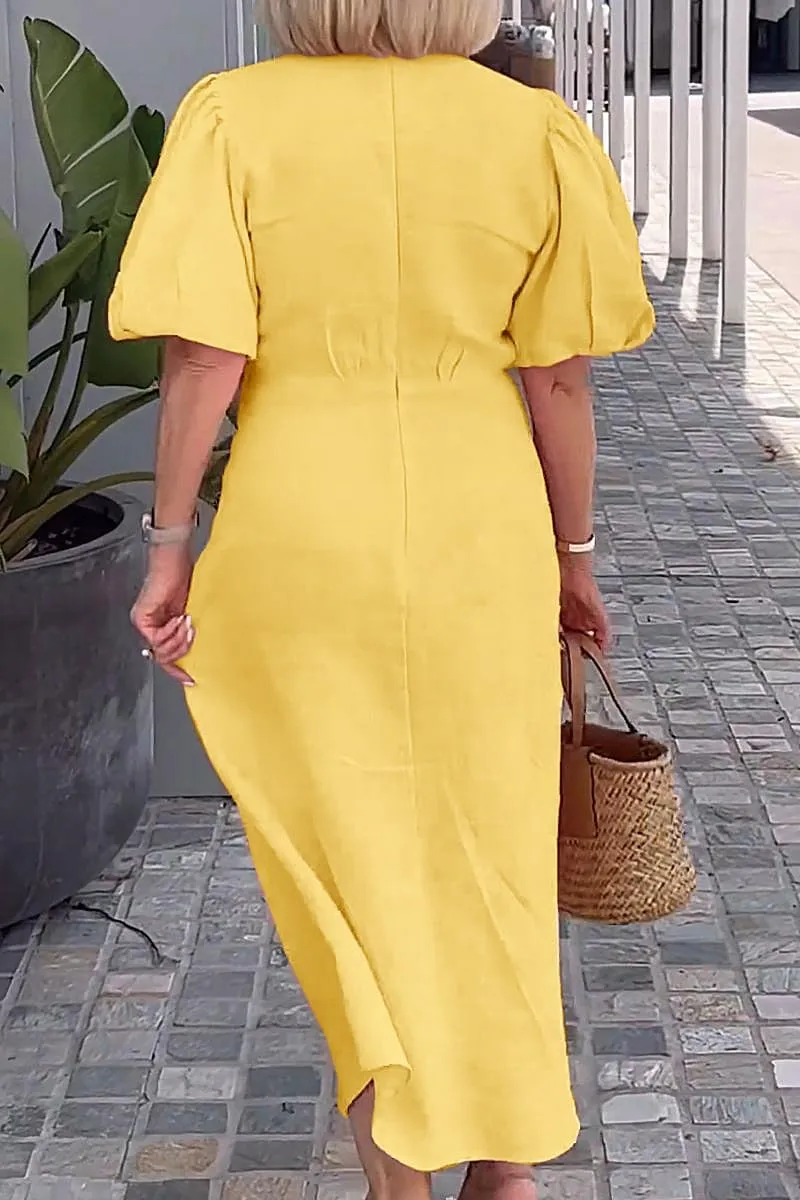 utcoco Women's 2025 Summer Casual Wrap V Neck Maxi Dress Puff Sleeve Bow Tie Front A Line Flowy Long Dress