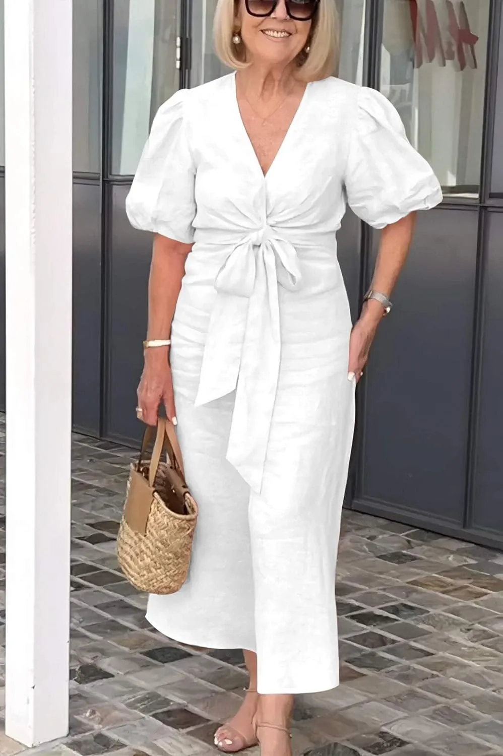 utcoco Women's 2025 Summer Casual Wrap V Neck Maxi Dress Puff Sleeve Bow Tie Front A Line Flowy Long Dress