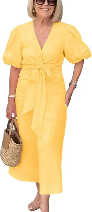 utcoco Women's 2025 Summer Casual Wrap V Neck Maxi Dress Puff Sleeve Bow Tie Front A Line Flowy Long Dress