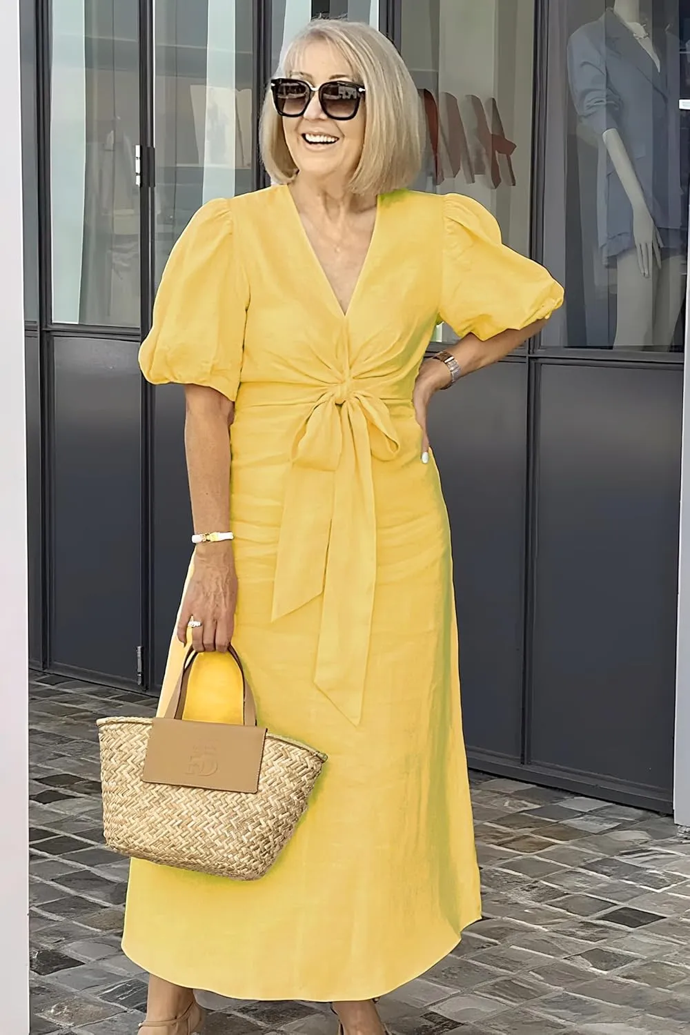 utcoco Women's 2025 Summer Casual Wrap V Neck Maxi Dress Puff Sleeve Bow Tie Front A Line Flowy Long Dress