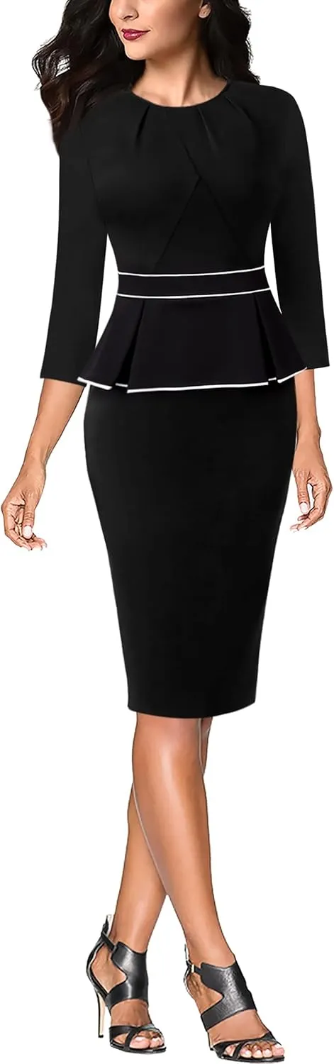VFSHOW Womens Pleated Crew Neck Peplum Work Business Office Bodycon Pencil Sheath Dress