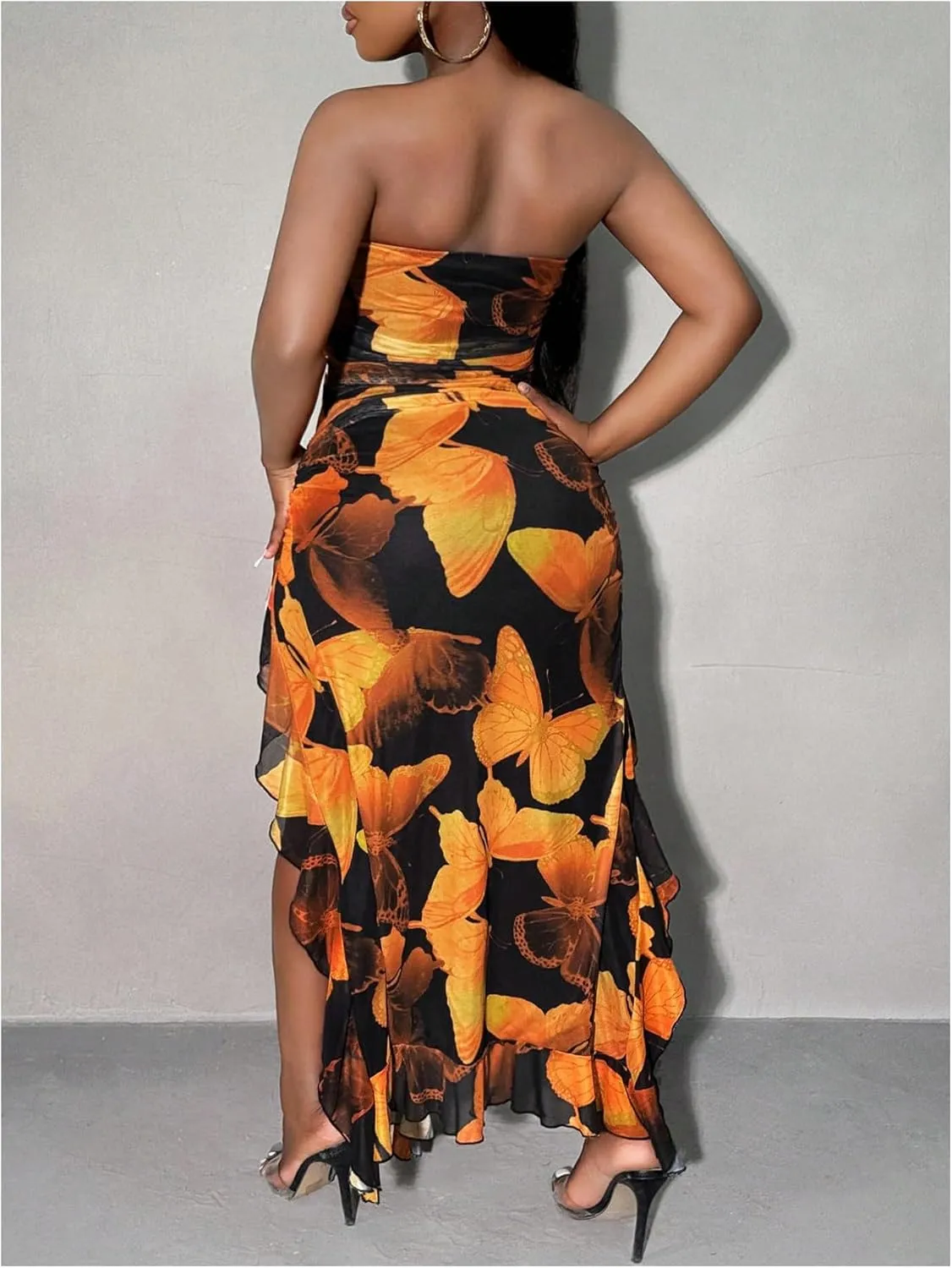 WDIRARA Women's Butterfly Print Asymmetrical Bodycon Maxi Dress Split Ruffle Trim Strapless Tube Dresses