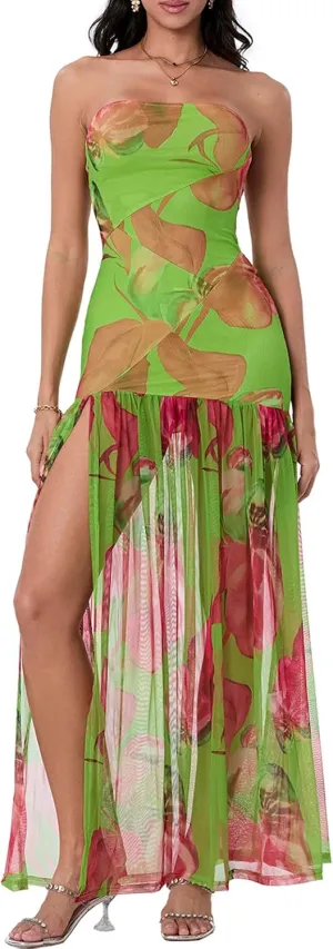 Women Cut Out Strapless Maxi Dress with Slit Backless Sleeveless Tube Long Dress Off Shoulder Porm Cocktail Dresses