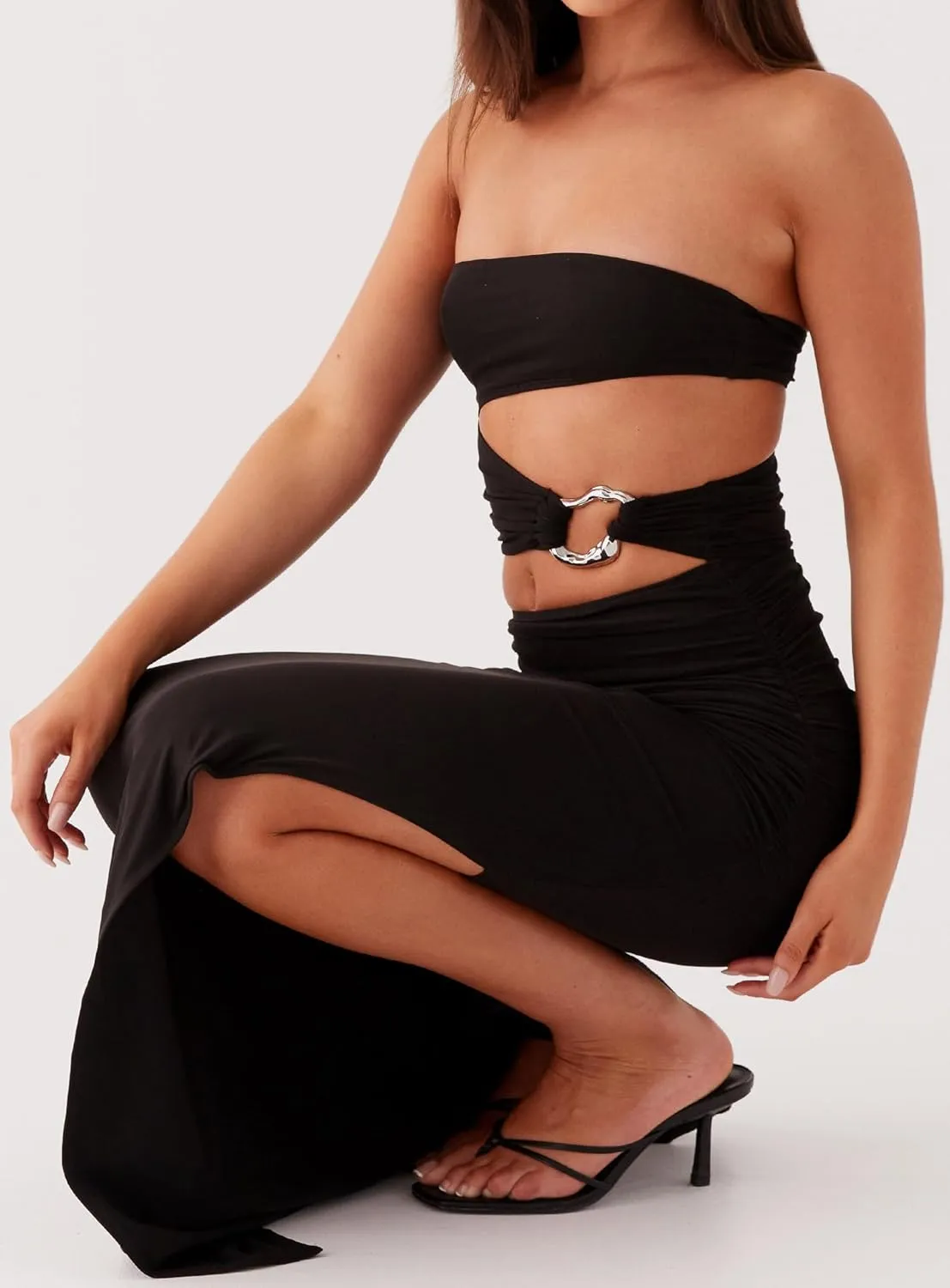 Women Cut Out Strapless Maxi Dress with Slit Backless Sleeveless Tube Long Dress Off Shoulder Porm Cocktail Dresses