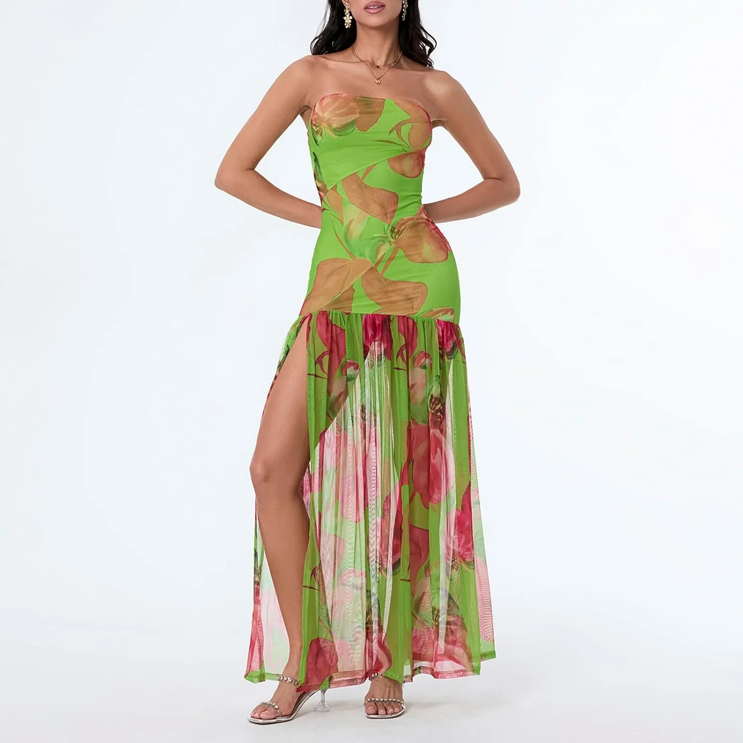 Women Cut Out Strapless Maxi Dress with Slit Backless Sleeveless Tube Long Dress Off Shoulder Porm Cocktail Dresses
