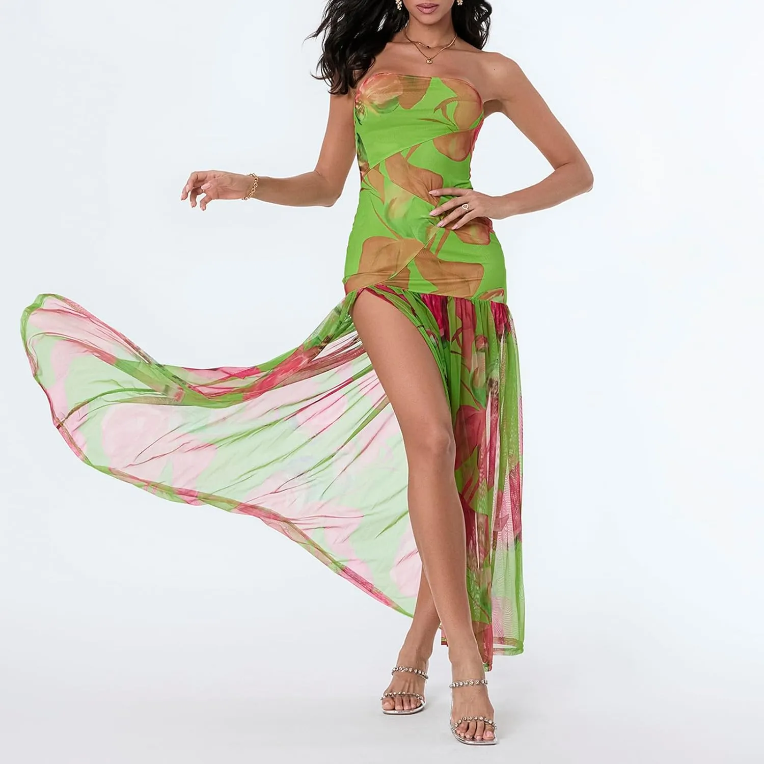 Women Cut Out Strapless Maxi Dress with Slit Backless Sleeveless Tube Long Dress Off Shoulder Porm Cocktail Dresses