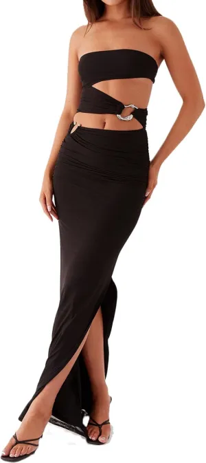 Women Cut Out Strapless Maxi Dress with Slit Backless Sleeveless Tube Long Dress Off Shoulder Porm Cocktail Dresses