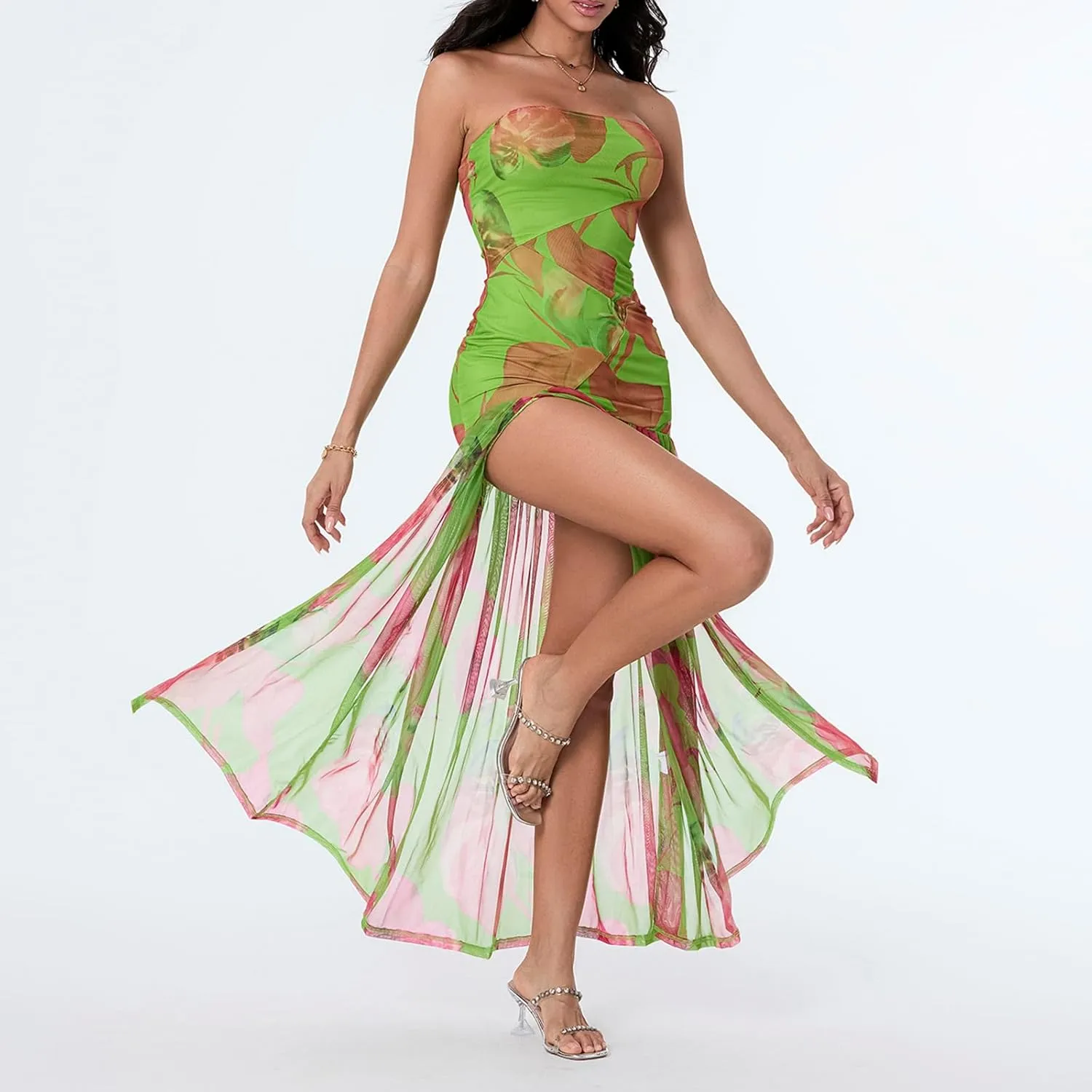 Women Cut Out Strapless Maxi Dress with Slit Backless Sleeveless Tube Long Dress Off Shoulder Porm Cocktail Dresses