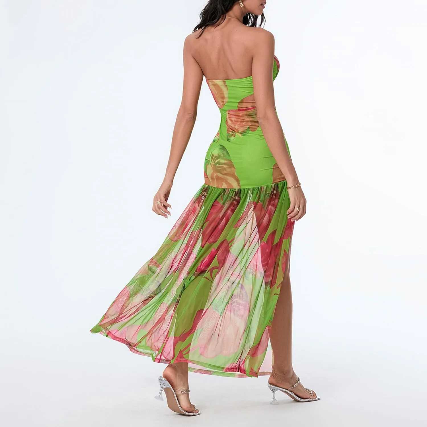 Women Cut Out Strapless Maxi Dress with Slit Backless Sleeveless Tube Long Dress Off Shoulder Porm Cocktail Dresses