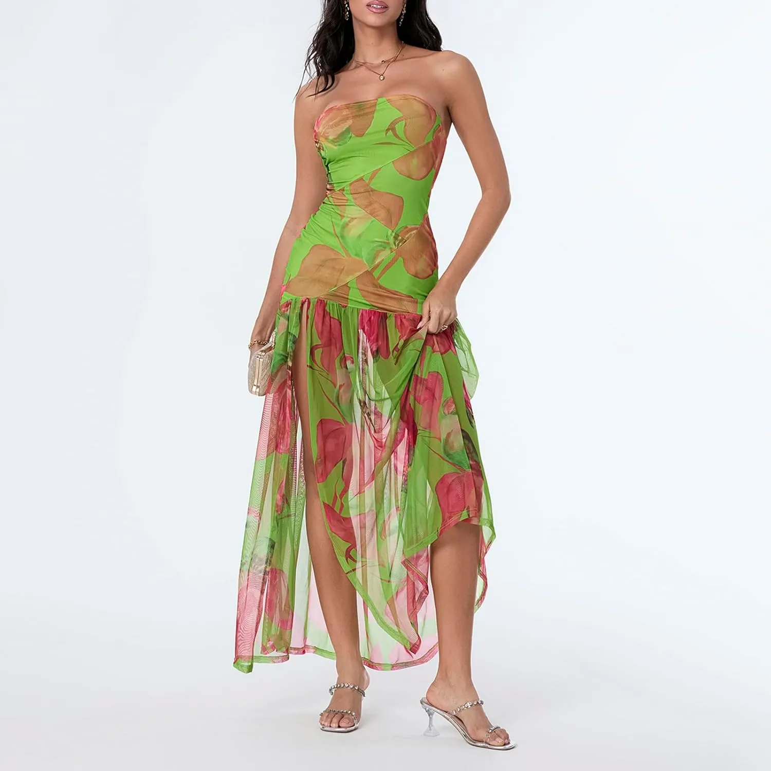 Women Cut Out Strapless Maxi Dress with Slit Backless Sleeveless Tube Long Dress Off Shoulder Porm Cocktail Dresses