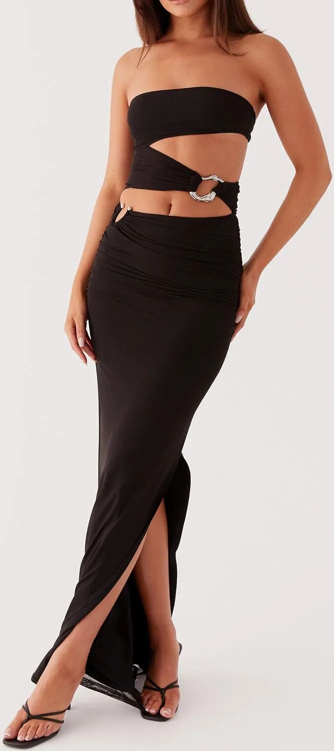 Women Cut Out Strapless Maxi Dress with Slit Backless Sleeveless Tube Long Dress Off Shoulder Porm Cocktail Dresses