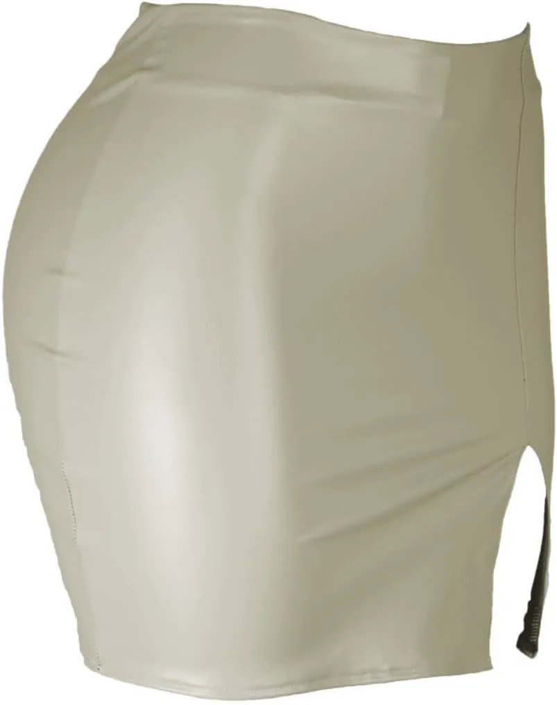 Women PU Leather Bodycon Short Skirt High Waisted Stretchy Asymmetrical Split Hem Hip Wrap Mini Skirt