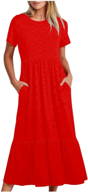 Women Summer Casual Short Sleeve Crewneck Aline Swing Flowy Tiered Shirt Maxi Beach Long Dress 2025 Trendy Outfits