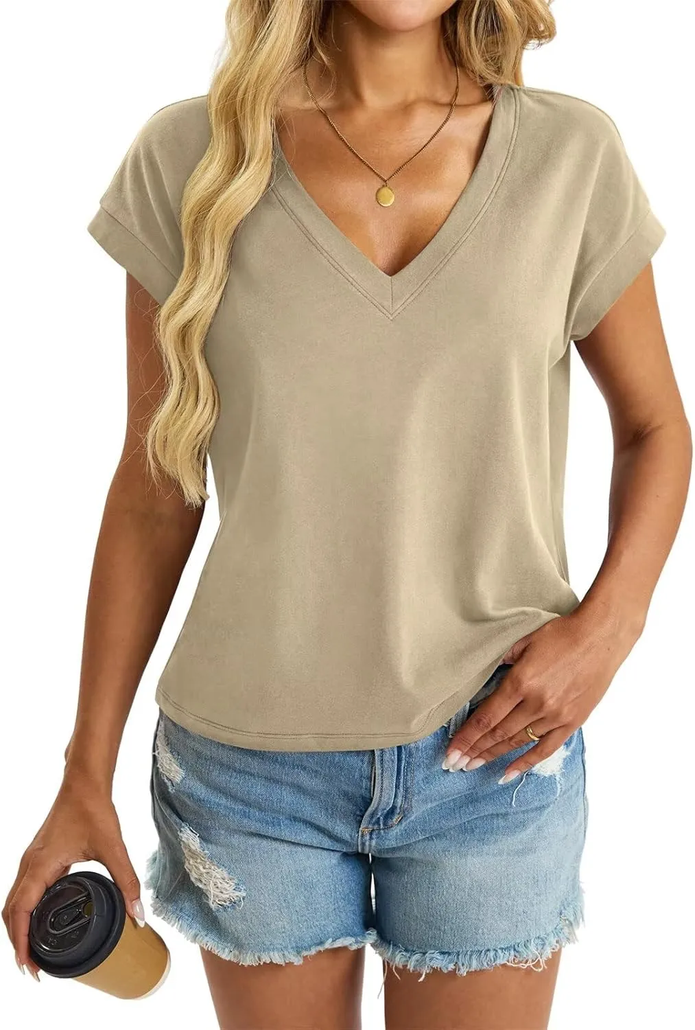 Womens Cap Sleeve Crop Tops Cotton V Neck T Shirt Boxy Loose Fit Short Sleeves Tee Summer Fashion Clothes 2025