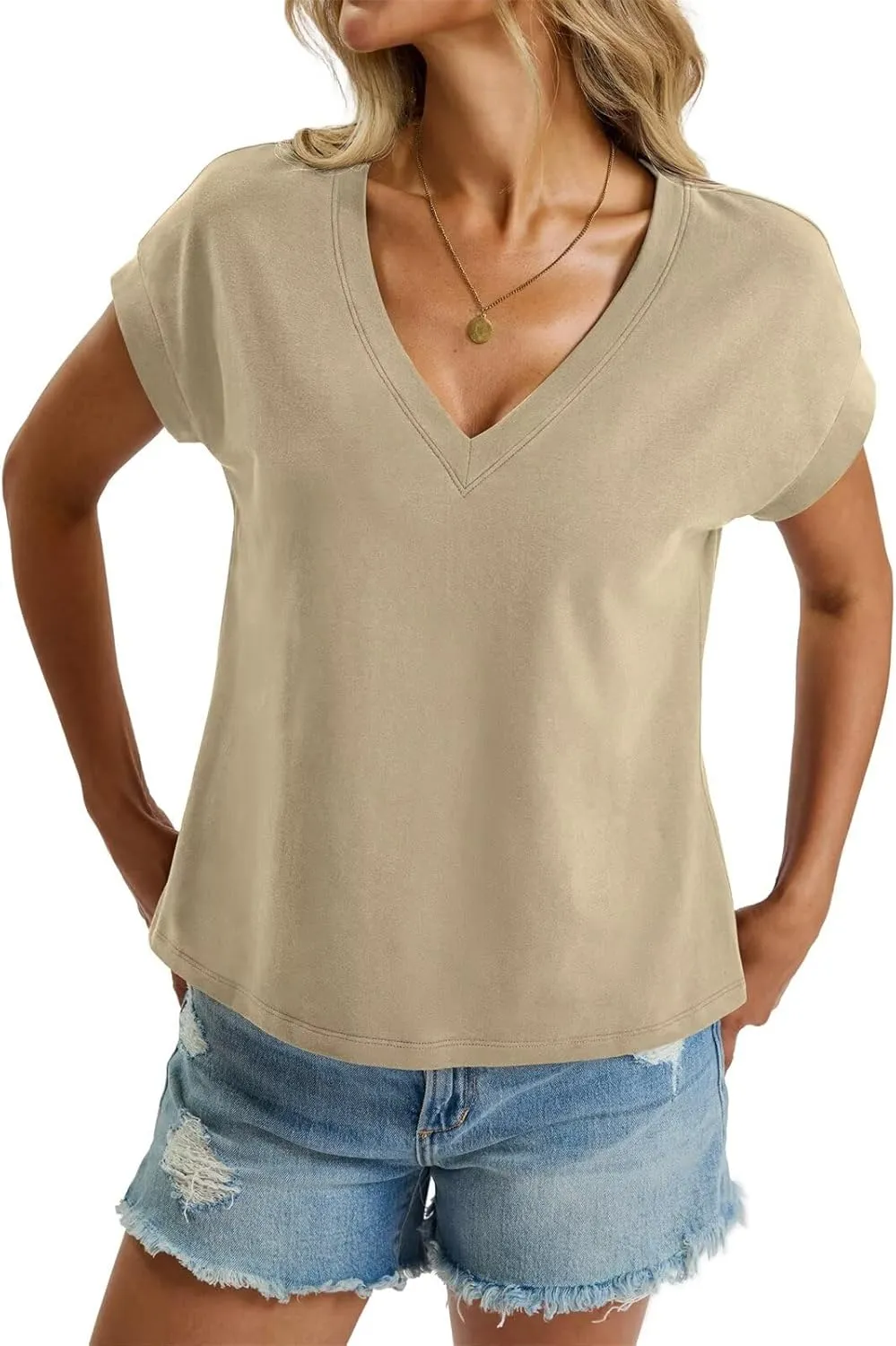 Womens Cap Sleeve Crop Tops Cotton V Neck T Shirt Boxy Loose Fit Short Sleeves Tee Summer Fashion Clothes 2025