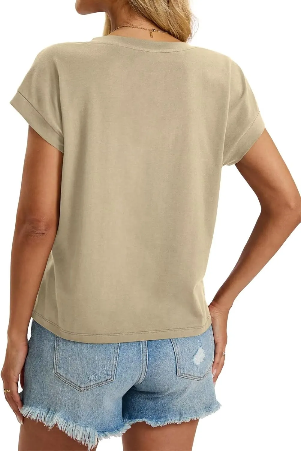Womens Cap Sleeve Crop Tops Cotton V Neck T Shirt Boxy Loose Fit Short Sleeves Tee Summer Fashion Clothes 2025