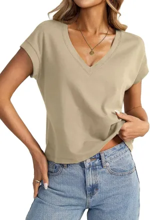 Womens Cap Sleeve Crop Tops Cotton V Neck T Shirt Boxy Loose Fit Short Sleeves Tee Summer Fashion Clothes 2025