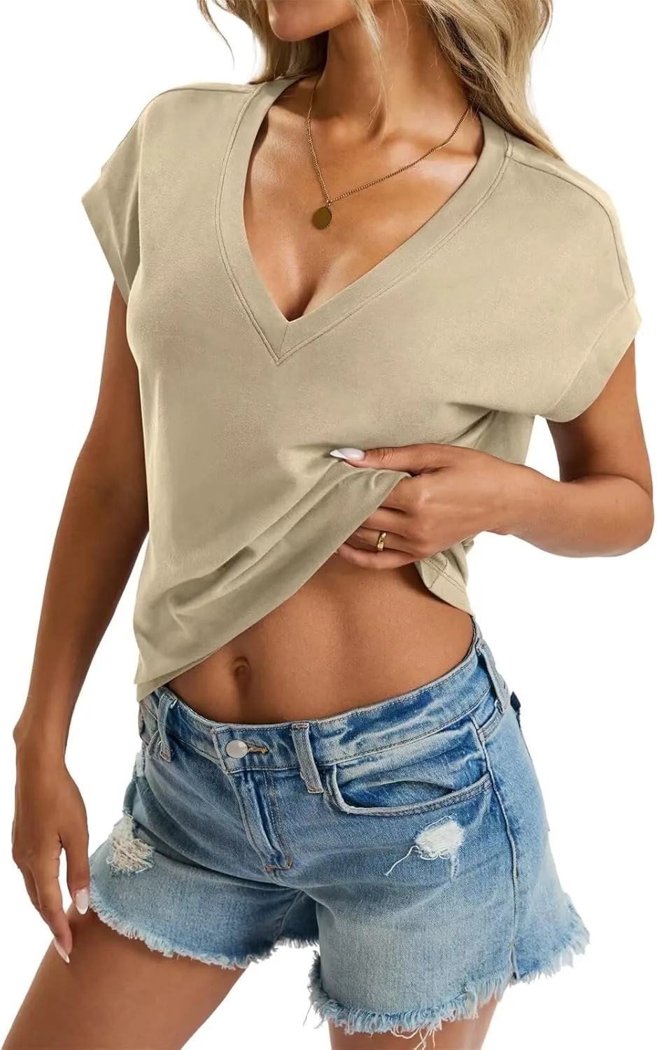 Womens Cap Sleeve Crop Tops Cotton V Neck T Shirt Boxy Loose Fit Short Sleeves Tee Summer Fashion Clothes 2025