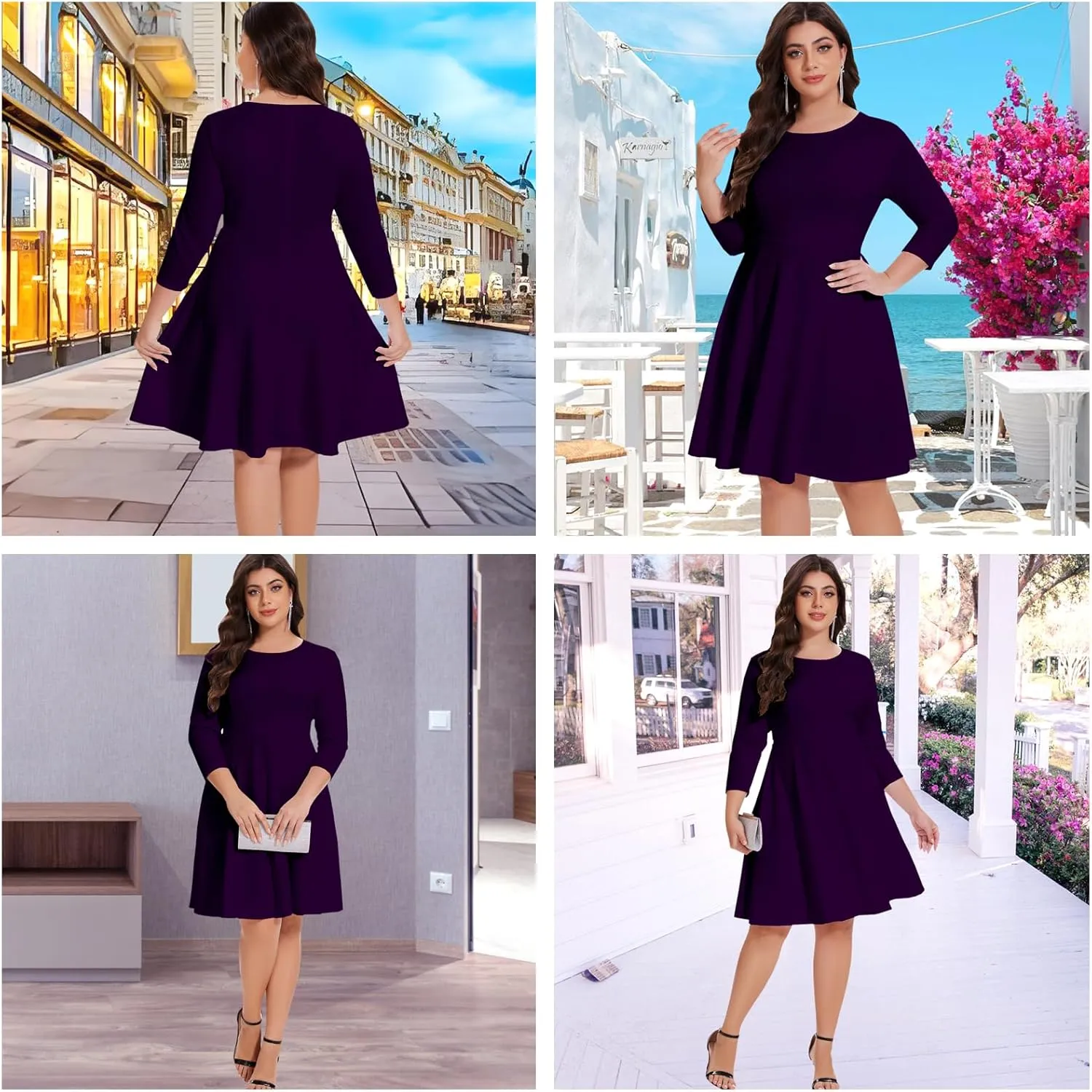 Women's Casual 2025 Fall Flowy Trendy Maxi Dress Crew Neck Draped Loose Swing Pleated Dresses with Pockets