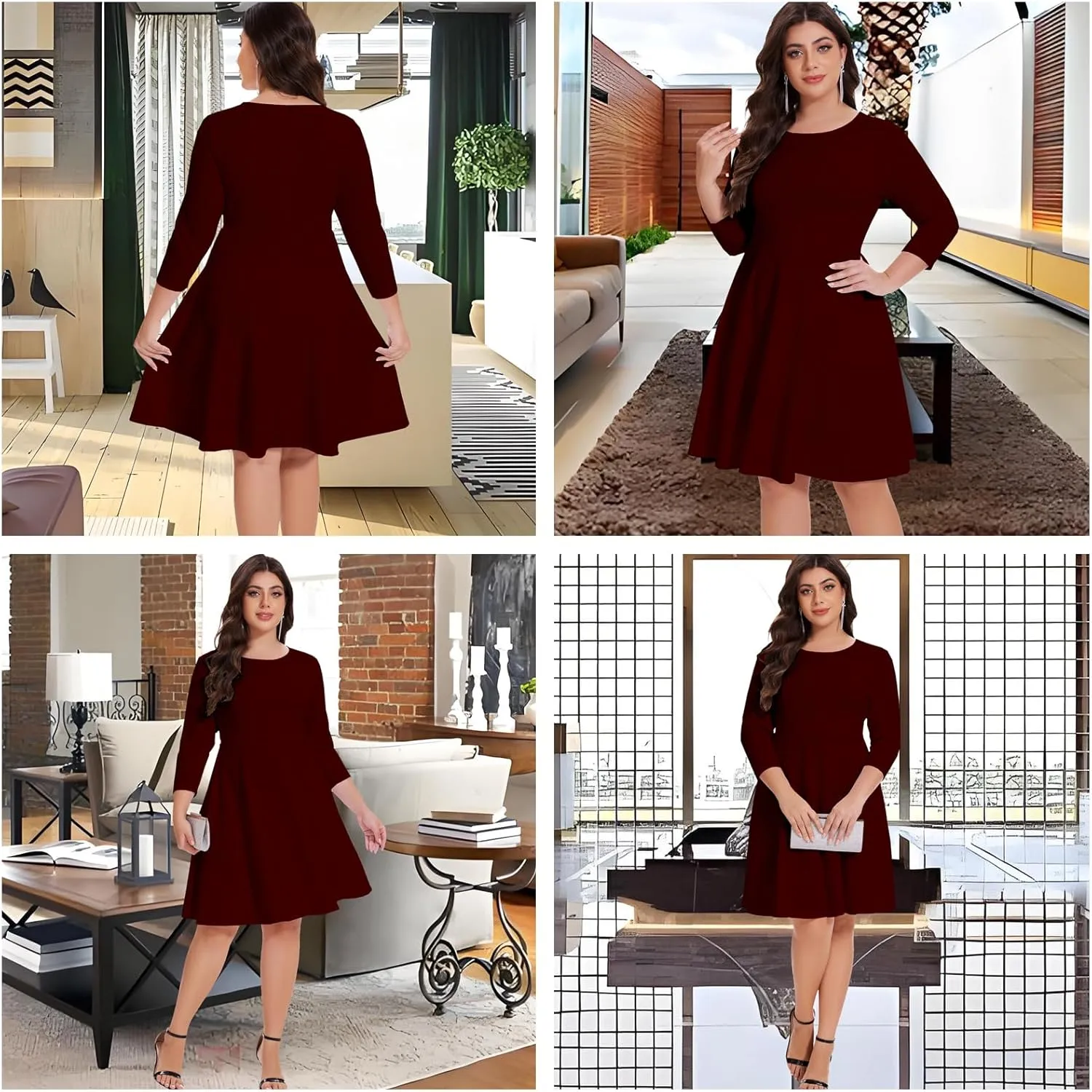 Women's Casual 2025 Fall Flowy Trendy Maxi Dress Crew Neck Draped Loose Swing Pleated Dresses with Pockets