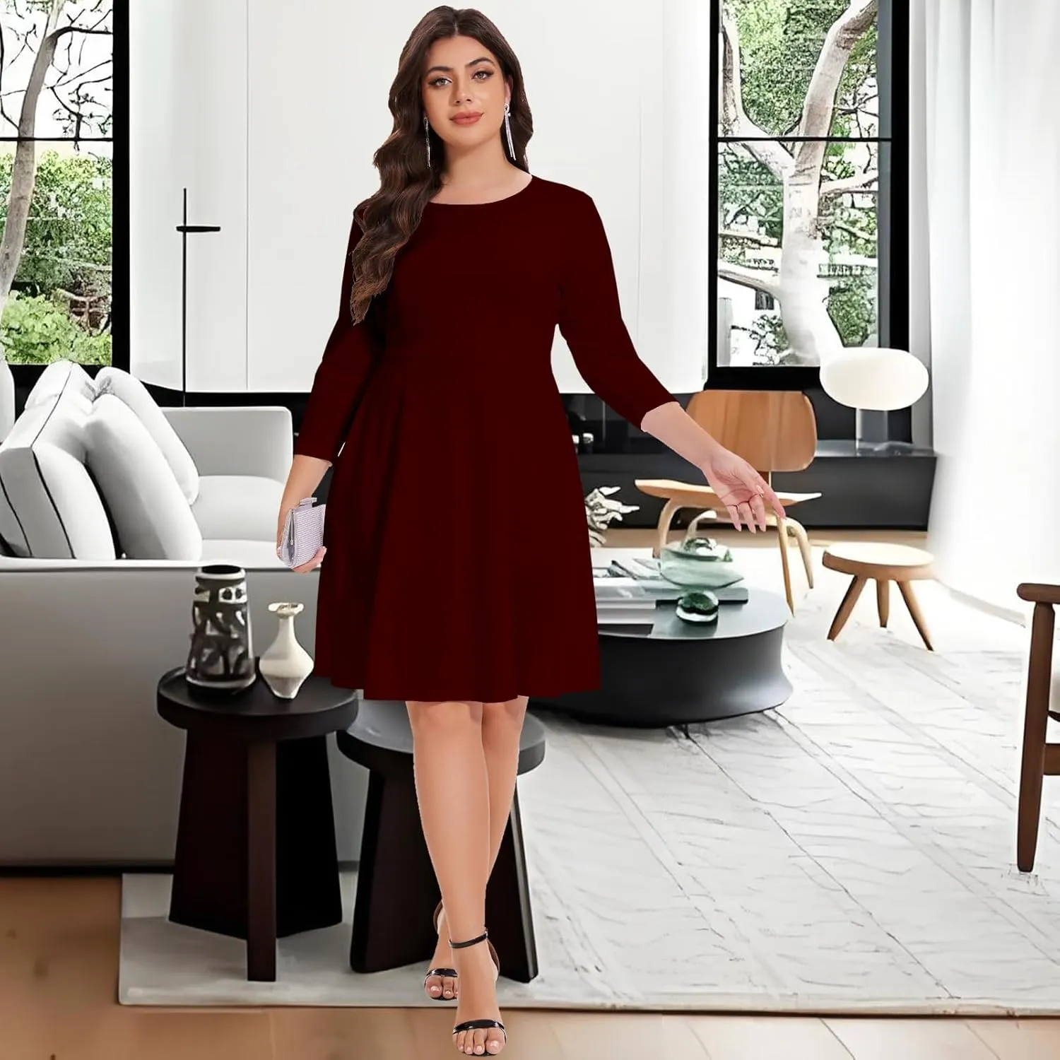 Women's Casual 2025 Fall Flowy Trendy Maxi Dress Crew Neck Draped Loose Swing Pleated Dresses with Pockets