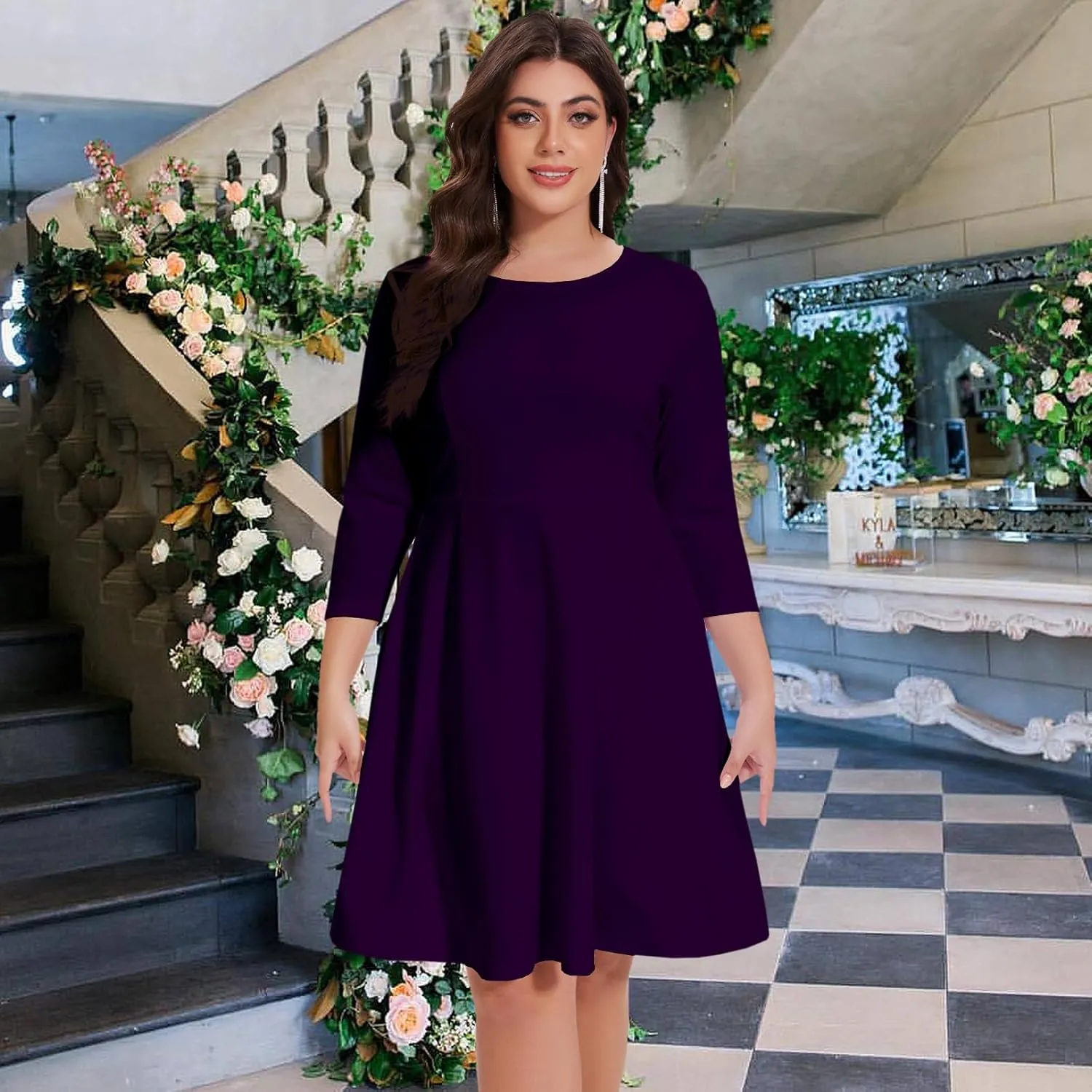 Women's Casual 2025 Fall Flowy Trendy Maxi Dress Crew Neck Draped Loose Swing Pleated Dresses with Pockets