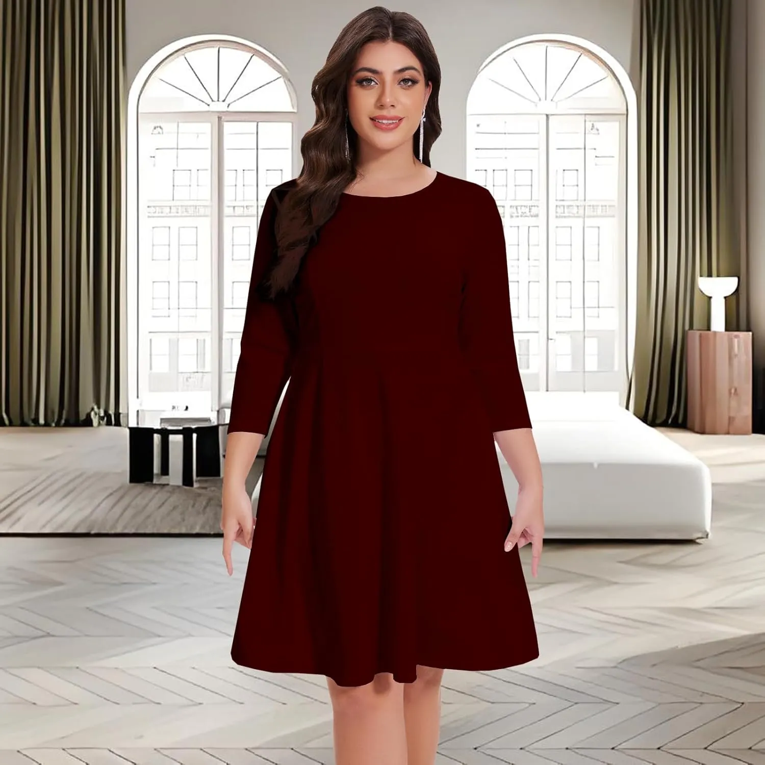 Women's Casual 2025 Fall Flowy Trendy Maxi Dress Crew Neck Draped Loose Swing Pleated Dresses with Pockets