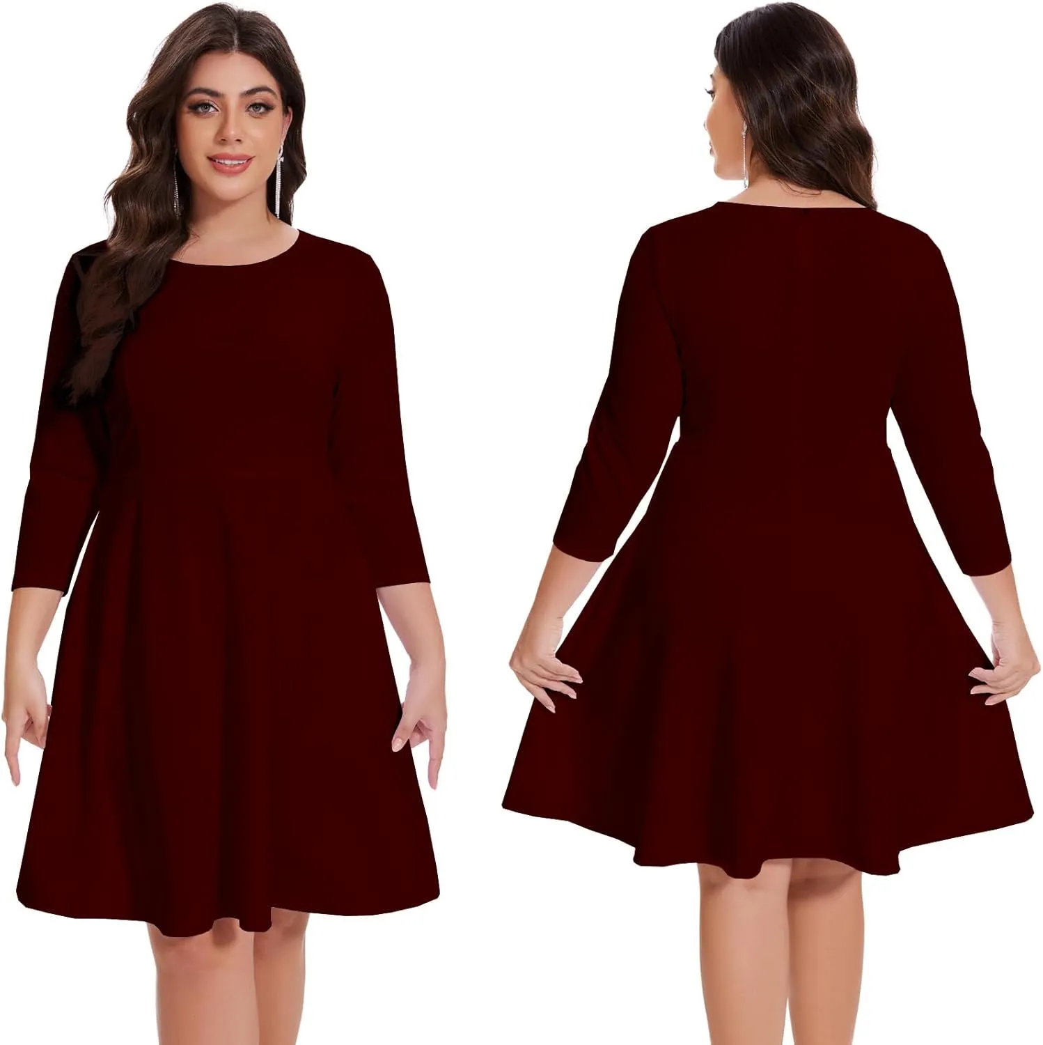 Women's Casual 2025 Fall Flowy Trendy Maxi Dress Crew Neck Draped Loose Swing Pleated Dresses with Pockets