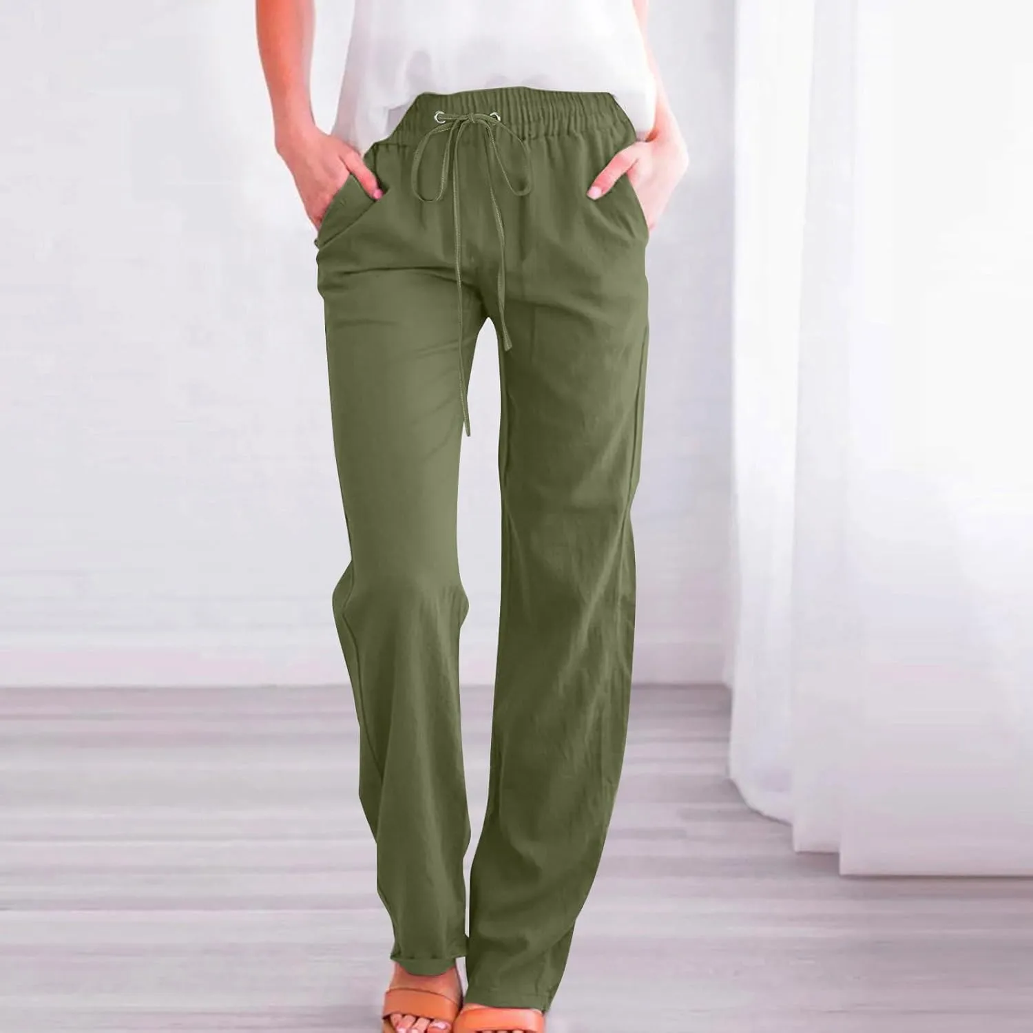 Womens Cotton Linen Pants High Waist Straight Leg Loose Fit Summer Casual Lightweight Plus Size Trousers with Pockets