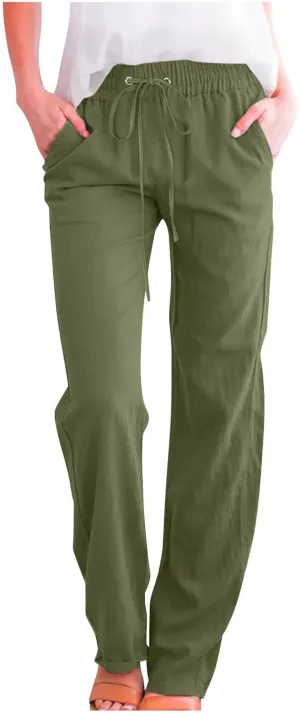 Womens Cotton Linen Pants High Waist Straight Leg Loose Fit Summer Casual Lightweight Plus Size Trousers with Pockets
