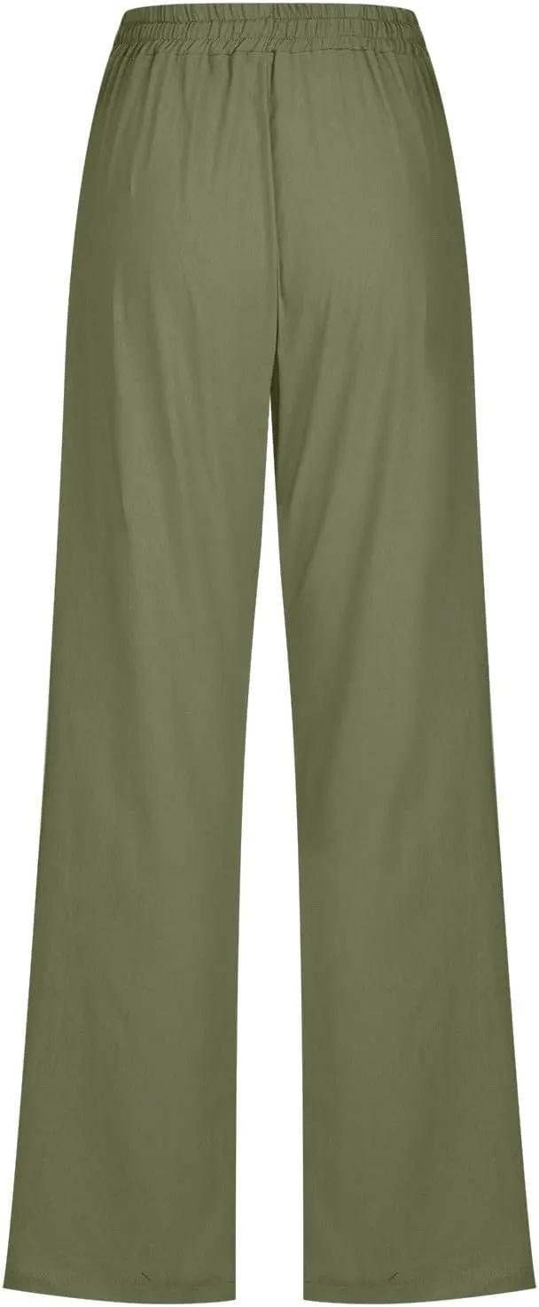 Womens Cotton Linen Pants High Waist Straight Leg Loose Fit Summer Casual Lightweight Plus Size Trousers with Pockets