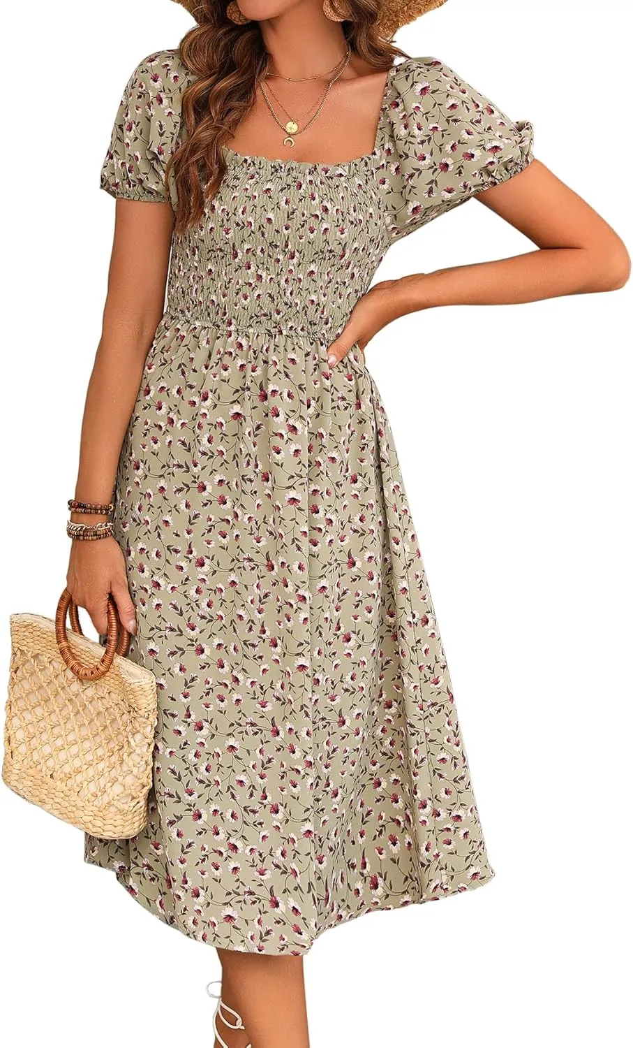 Womens Floral Cute Square Neck Puffy Short Sleeve Dresses Casual Spring Summer Ruffle Wedding Guest Sundresses