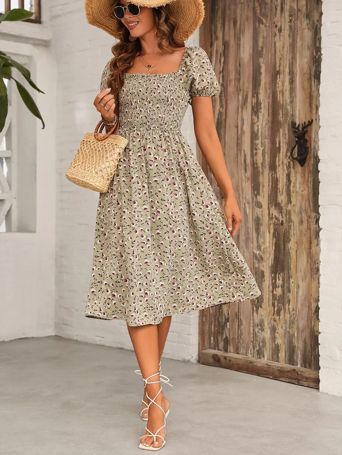 Womens Floral Cute Square Neck Puffy Short Sleeve Dresses Casual Spring Summer Ruffle Wedding Guest Sundresses