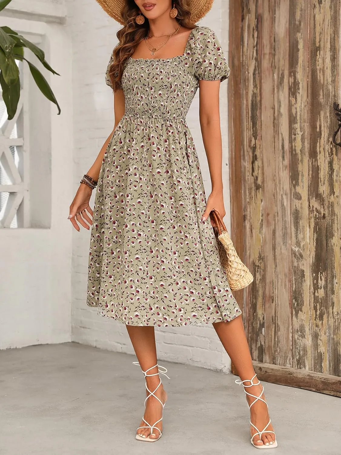 Womens Floral Cute Square Neck Puffy Short Sleeve Dresses Casual Spring Summer Ruffle Wedding Guest Sundresses