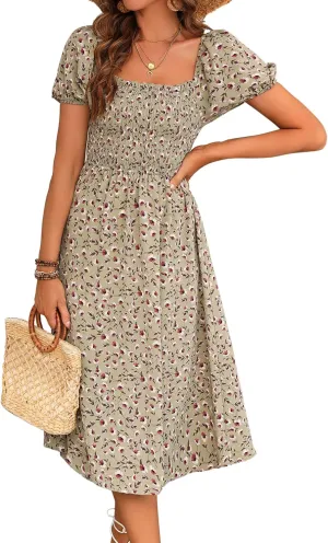 Womens Floral Cute Square Neck Puffy Short Sleeve Dresses Casual Spring Summer Ruffle Wedding Guest Sundresses