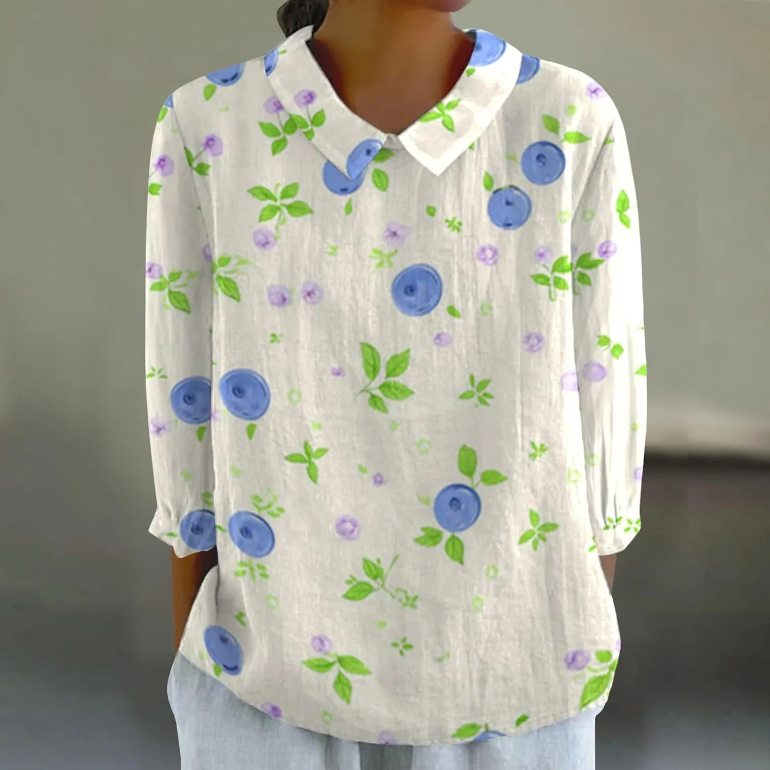 Womens Linen Shirts Lapel Retro Striped Back Loose Top Casual Cotton and Linen Shirt 3/4 Sleeve Shirt Office Drop